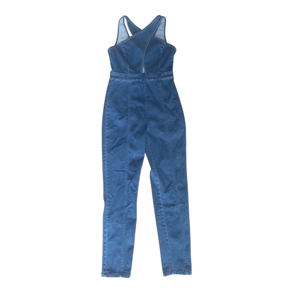 A. Calen By Flying Tomato Denim Jumpsuit Small Blue Zip Front Sleeveless Stretch